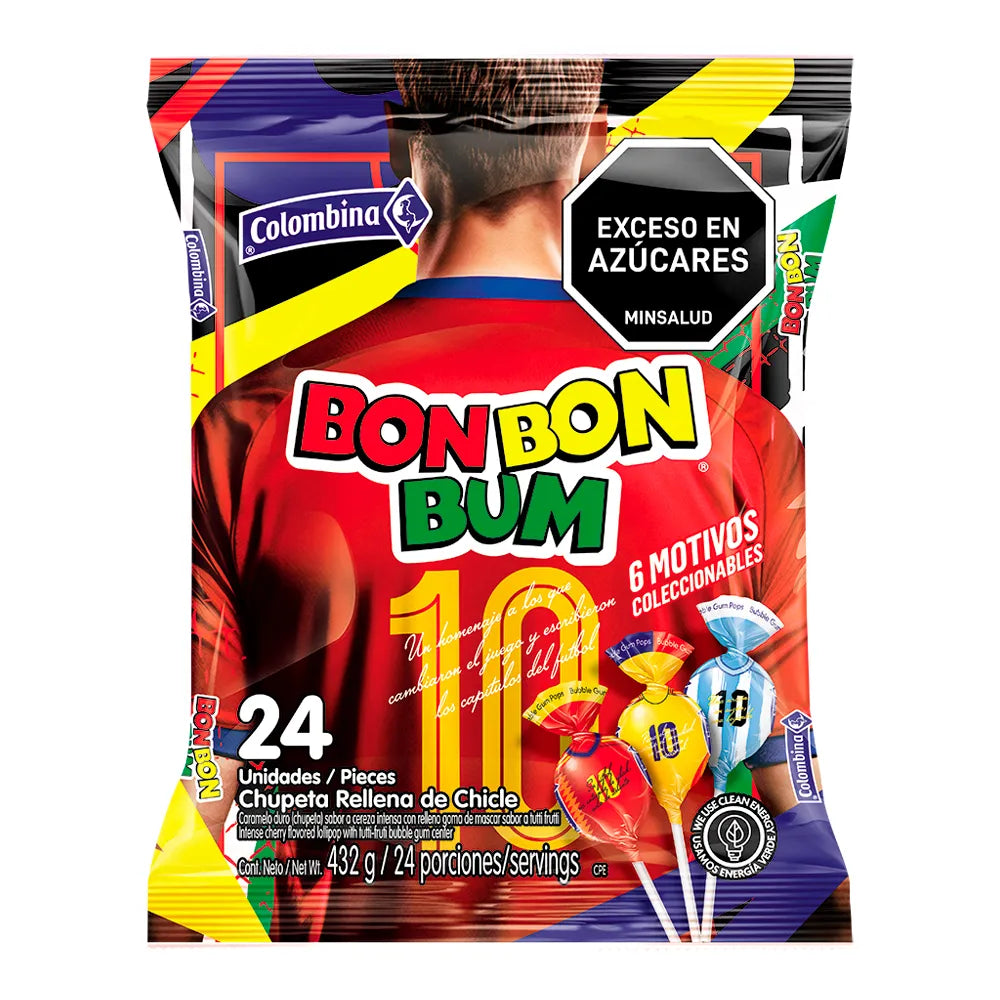 Bolsa Bon Bon Bum Edición Mundial 2026 x24 unidades chupeta rellena de chicle tutti-frutti Colombina coleccionable fútbol